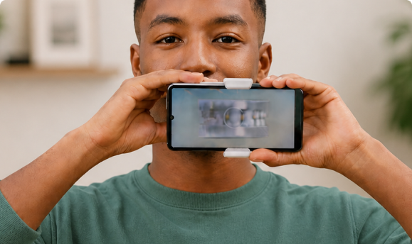 A person taking a photo of their teeth with a phone for remote monitoring