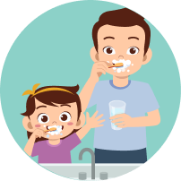 Parent and child brushing teeth