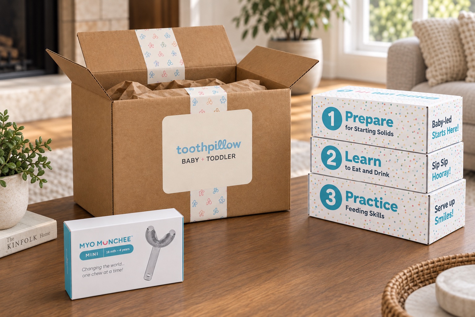 Concept rendering of the program packaging: a plain shipping carton with a branded label beside three stacked stage boxes.