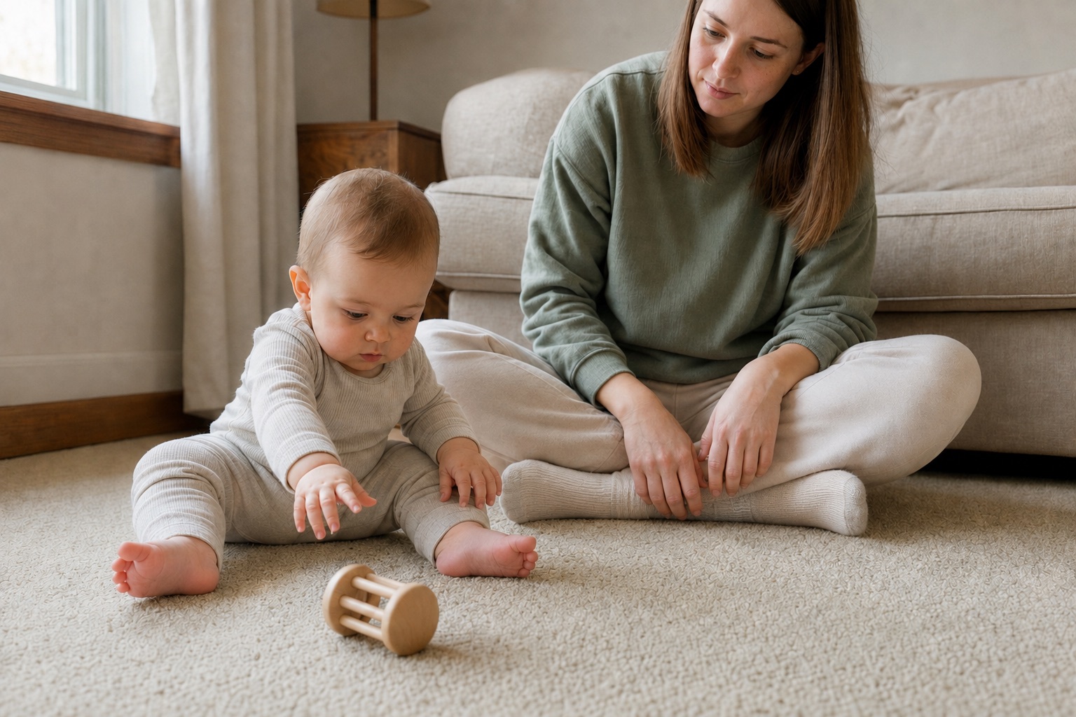 mom and child playing on the floor with a toy