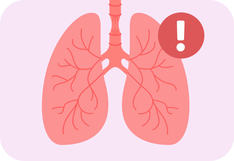 Illustration of lungs with a warning indicator showing disrupted oxygen flow